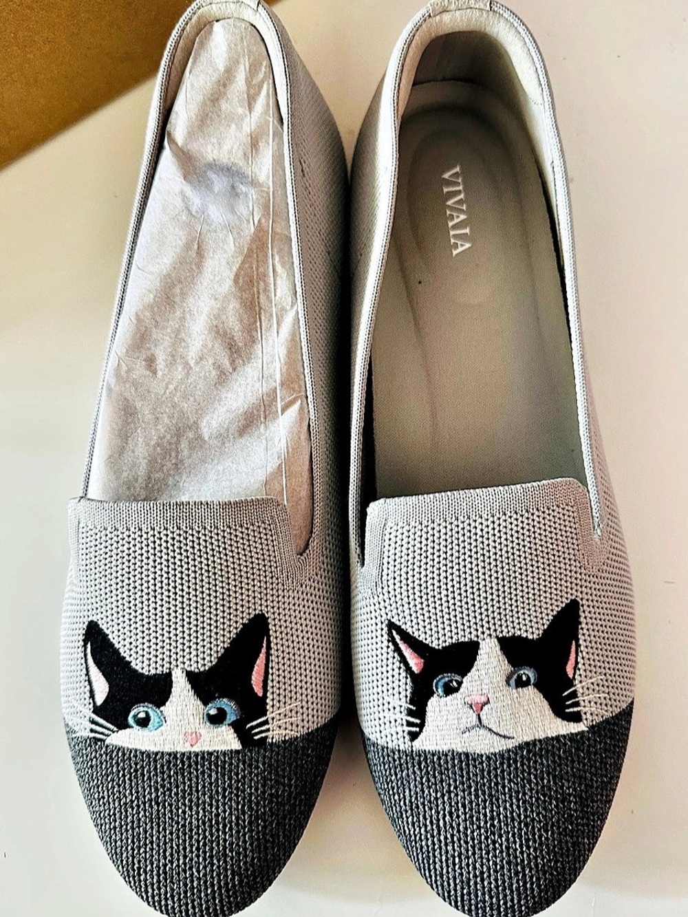 New VIVAIA Audrey Cat Print Flats Gray & Black US 8.5
